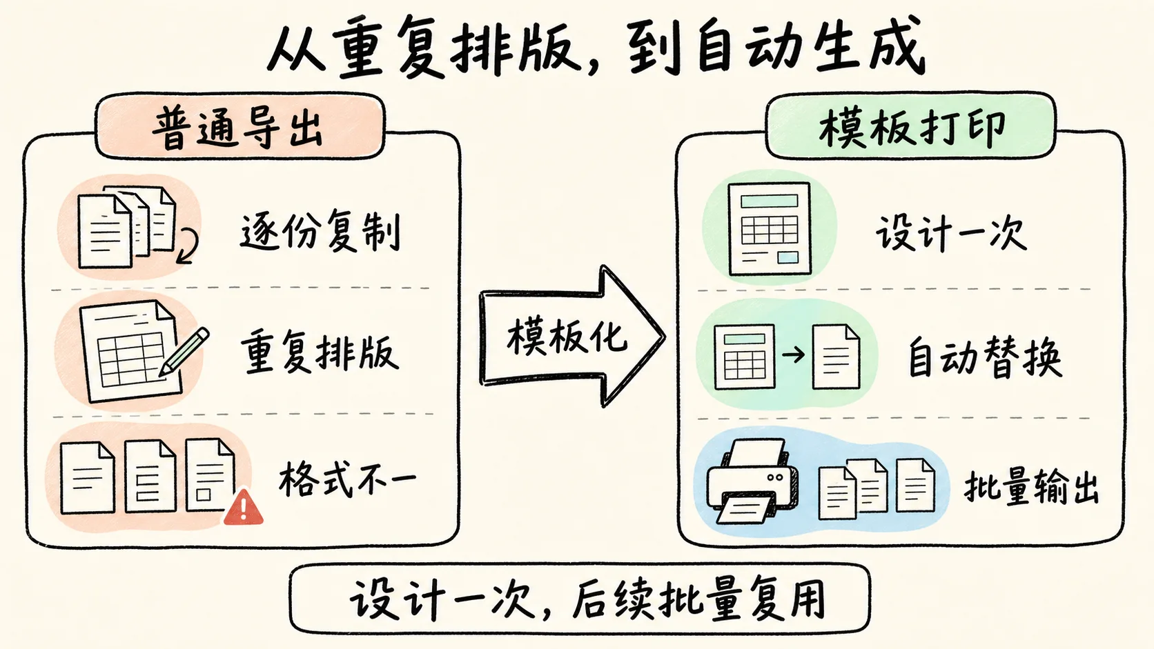 普通导出需要逐份复制和重复排版,模板打印可以设计一次、自动替换并批量输出