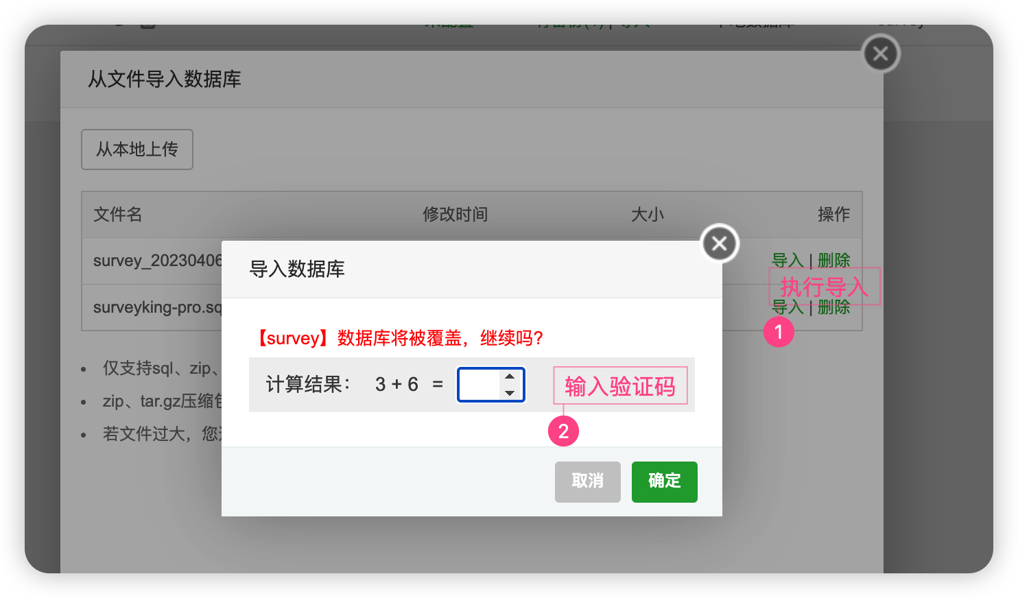 确认导入 SurveyKing 数据库初始化脚本