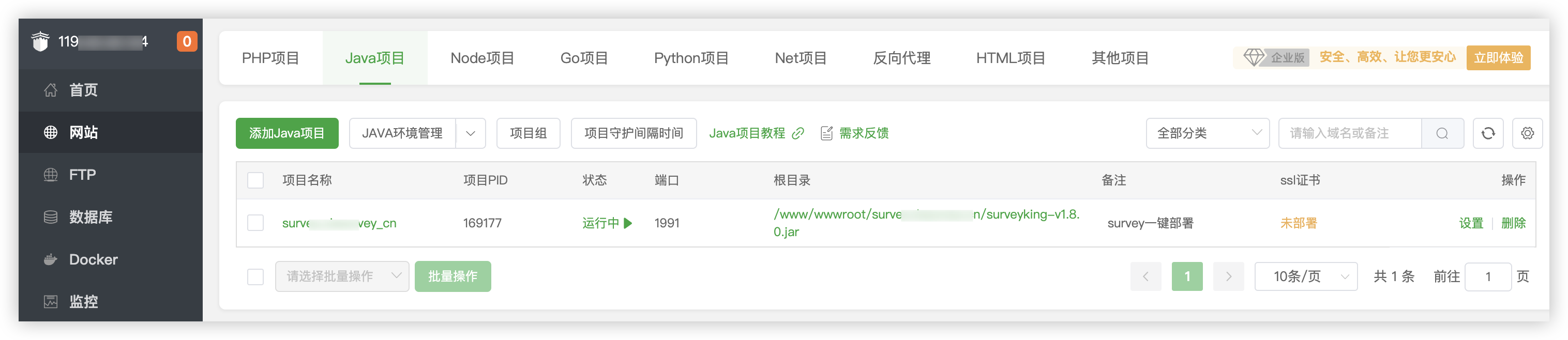 aaPanel Java Project List