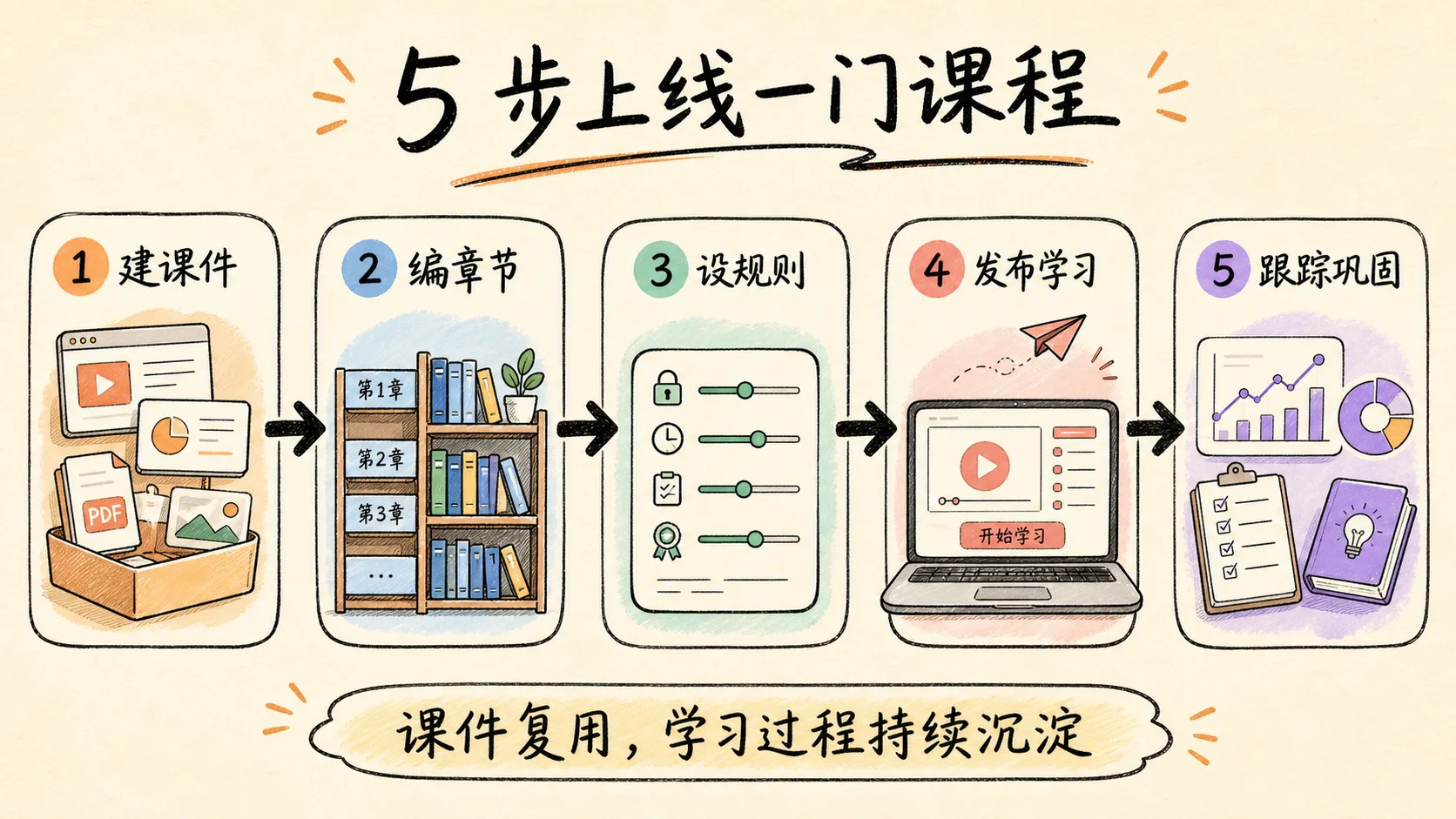 卷王课程学习五步流程:建课件、编章节、设规则、发布学习和跟踪巩固