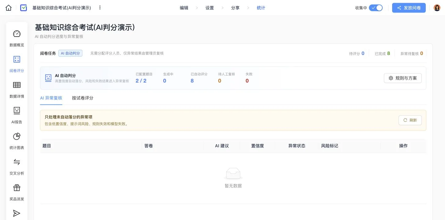 基础知识综合考试 AI 自动判分页面,展示配置题目、评分数量和异常复核状态
