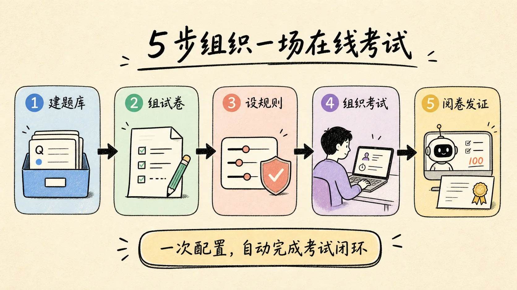 卷王在线考试五步流程:建题库、组试卷、设规则、组织考试和阅卷发证