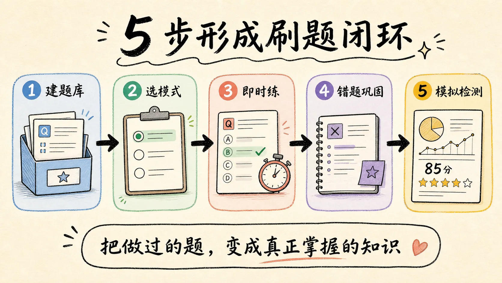 卷王题库刷题五步流程:建题库、选模式、即时练、错题巩固和模拟检测