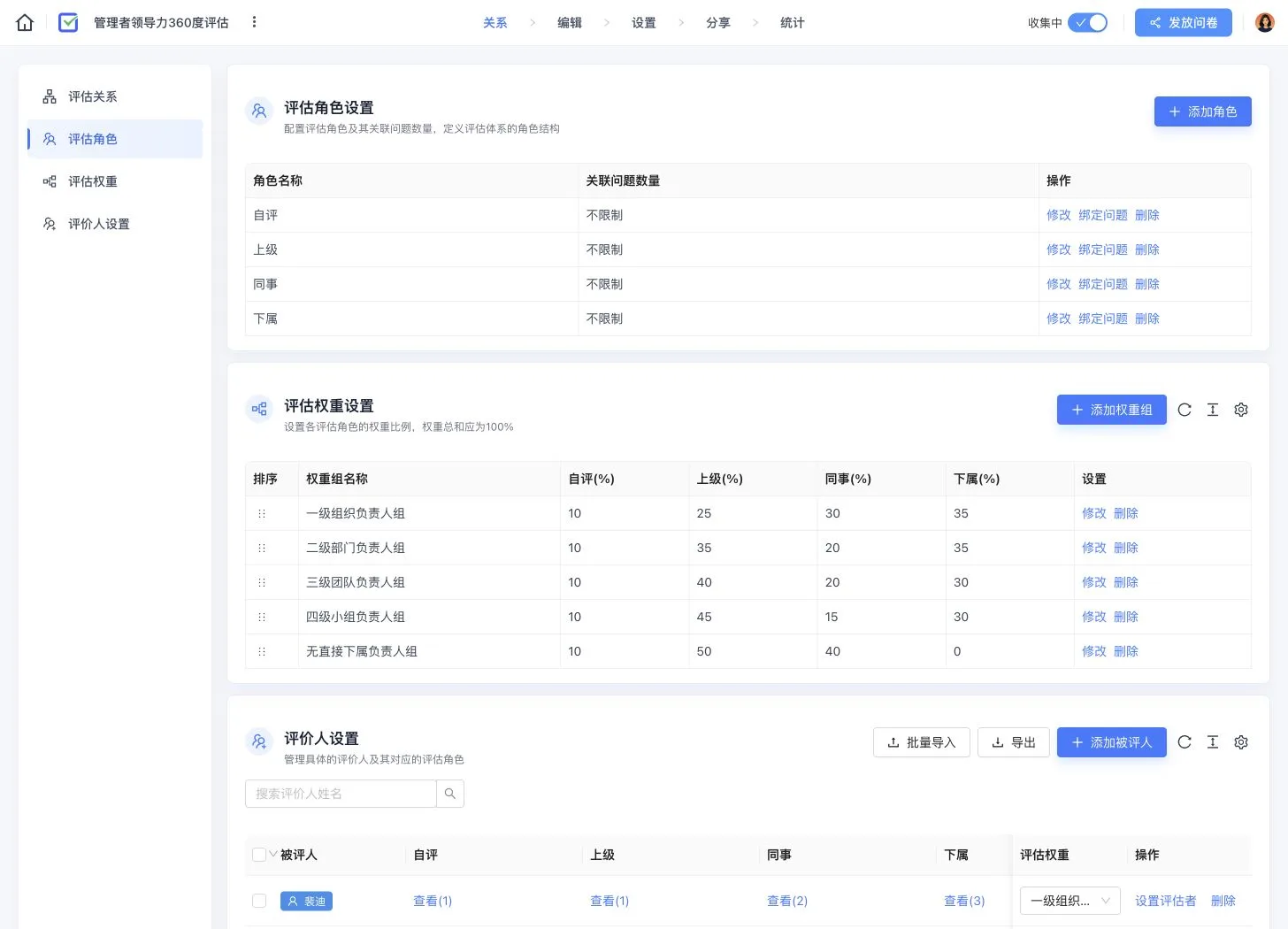 管理者领导力 360 度评估关系页,展示四类角色、权重组、被评人和评价人数量