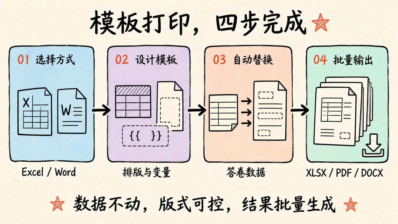 卷王模板打印四步流程:选择 Excel 或 Word、设计模板、替换答卷数据并批量输出